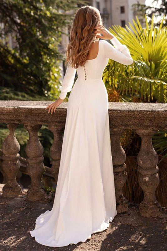 Chic Weiß Satin Lange Ärmel A-Linie Brautkleider Lange