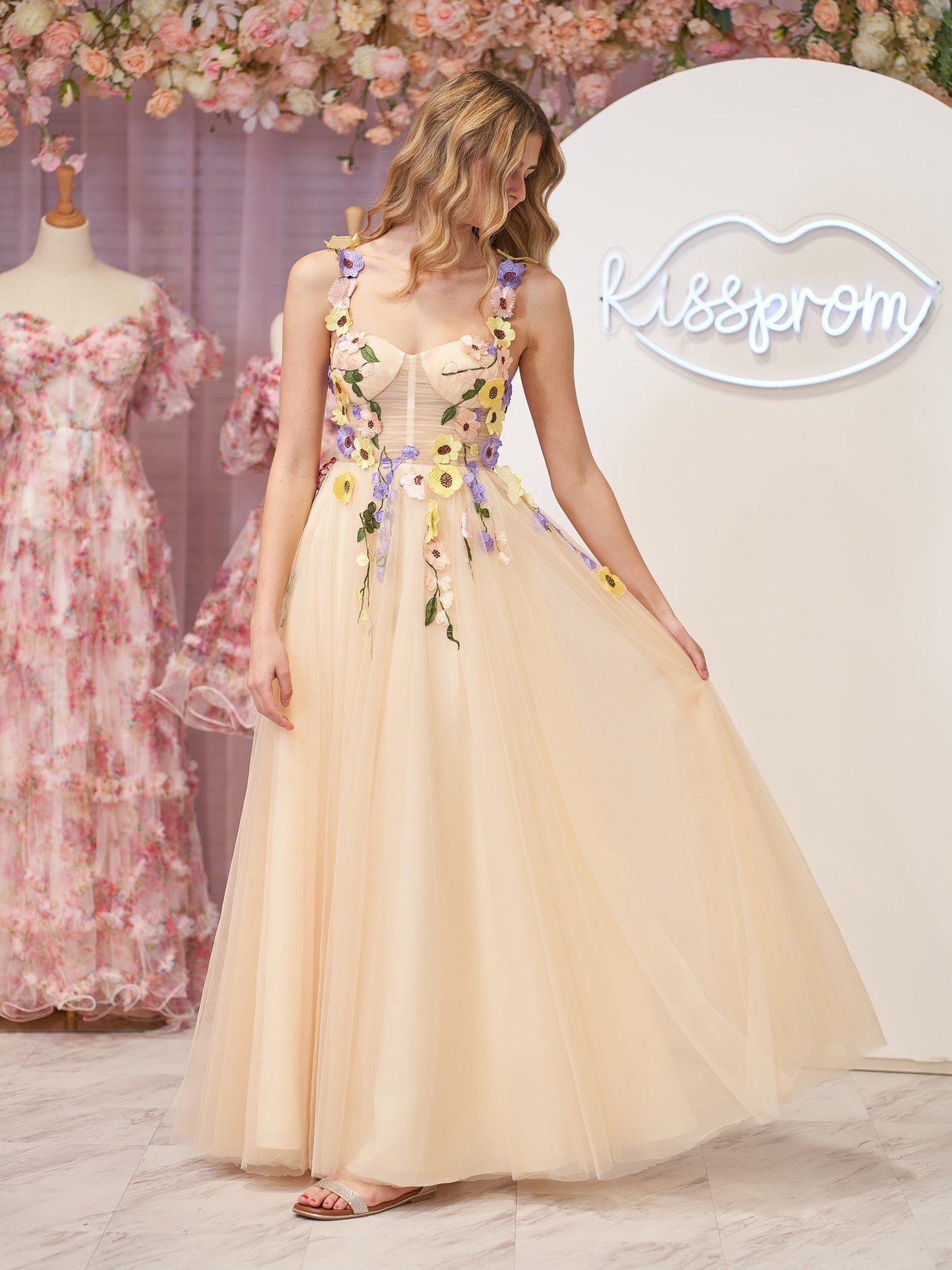 A-Line Corset Midi Prom Dress with 3D Flowers