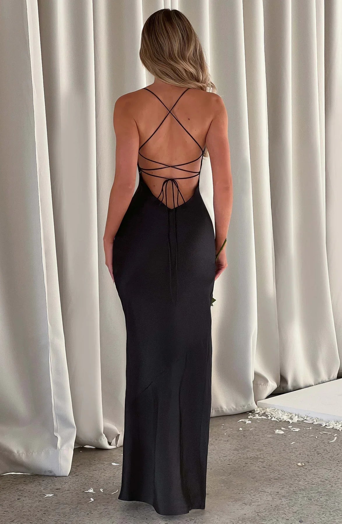 Satin Maxi Dress Cross Over Straps with A Self Tie Fastening SYP178
