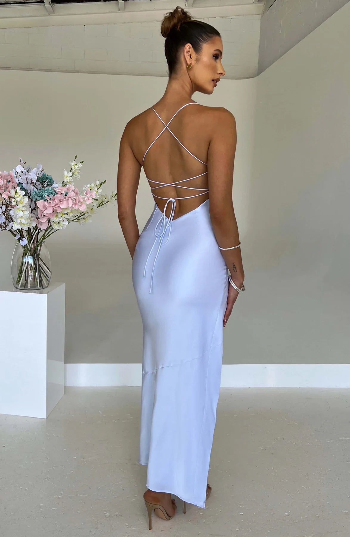 Satin Maxi Dress Cross Over Straps with A Self Tie Fastening SYP178