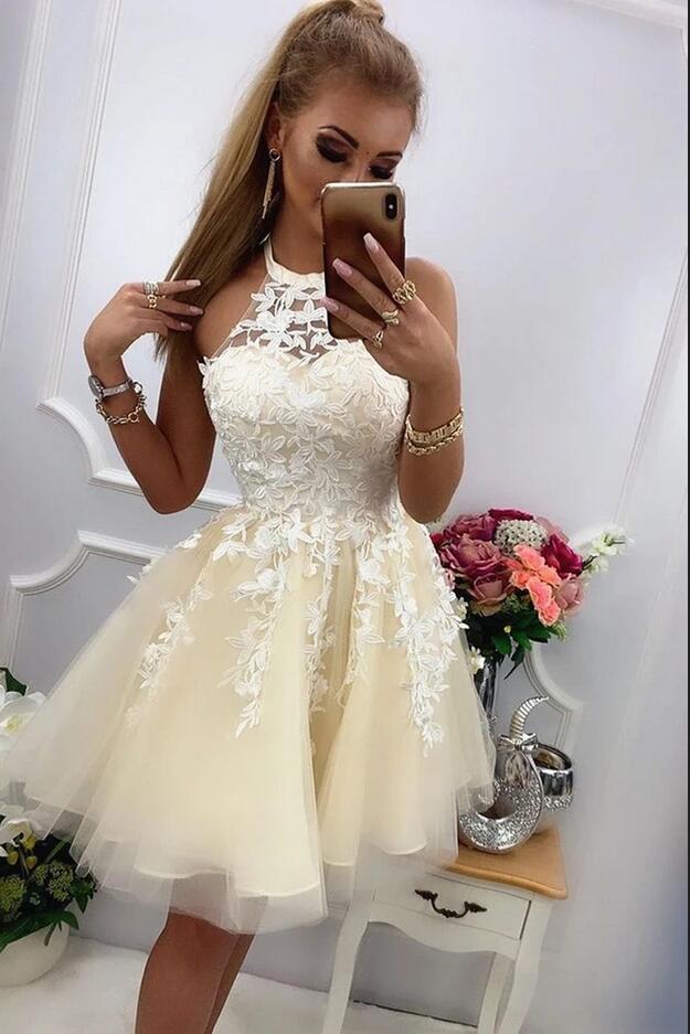 Süßes A-Linie Neckholder Tüll Spitze Kurzes Ballkleid für Teenager