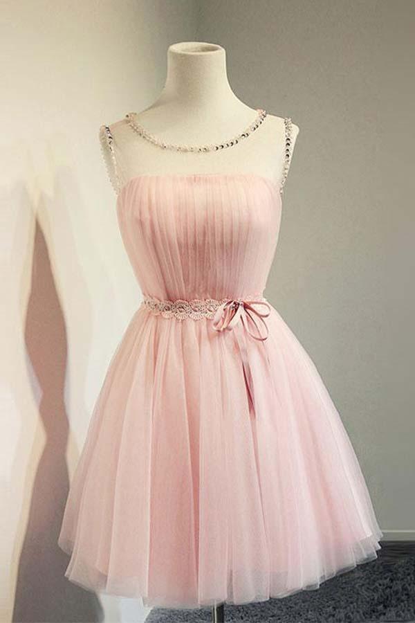 Cute A-line Round Neck Pink Tulle Short Prom Dress Homecoming Dresses PD131