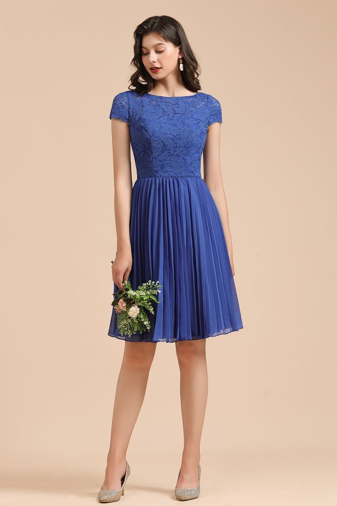 Cute Lace Chiffion Mini Party Dress Short Sleeves Knee Length Homecoming Dress
