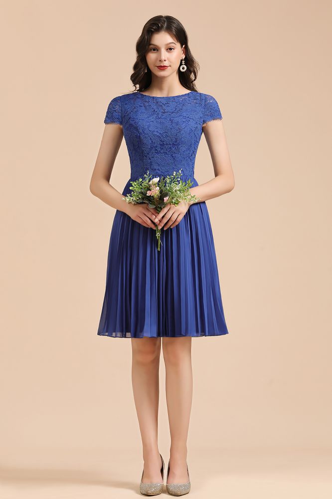 Cute Lace Chiffion Mini Party Dress Short Sleeves Knee Length Homecoming Dress