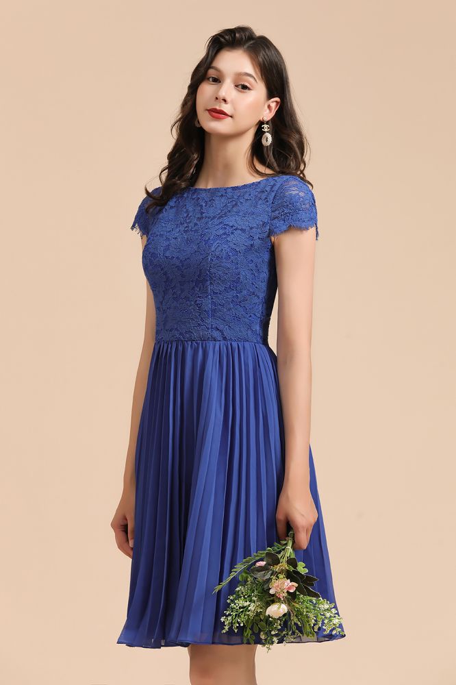 Cute Lace Chiffion Mini Party Dress Short Sleeves Knee Length Homecoming Dress