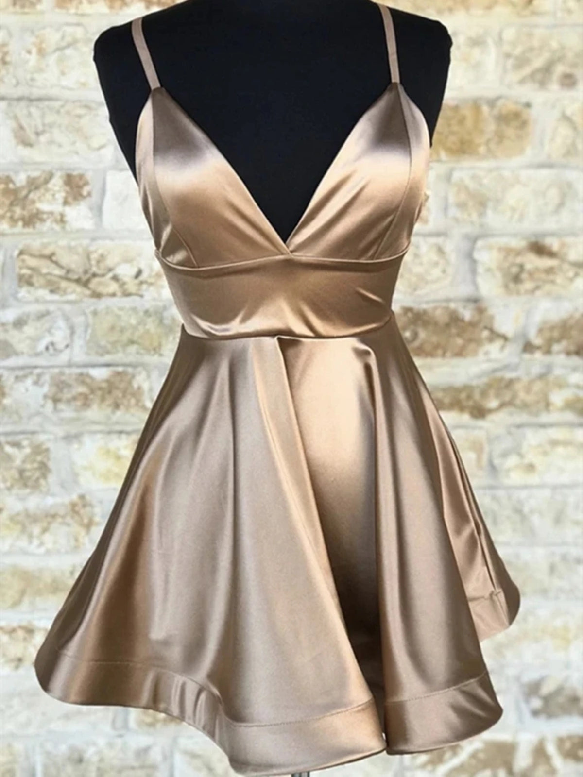 Cute Short A-line V Neck Satin Prom Homecoming Dresses