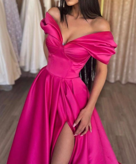 Stylish A-Line Off the Shoulder Satin Long Prom Dress Hot Pink Pleats Evening Dress With Slit Y7644