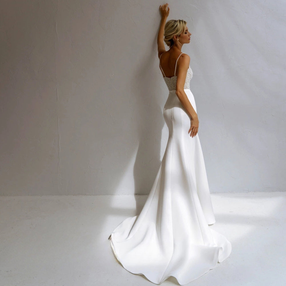 Shinning Sheath Pearl Wedding Dresses Spaghetti Strap Satiin Beads V-Neck For Women Robe De Mariée Formal Brides Gown-payinti