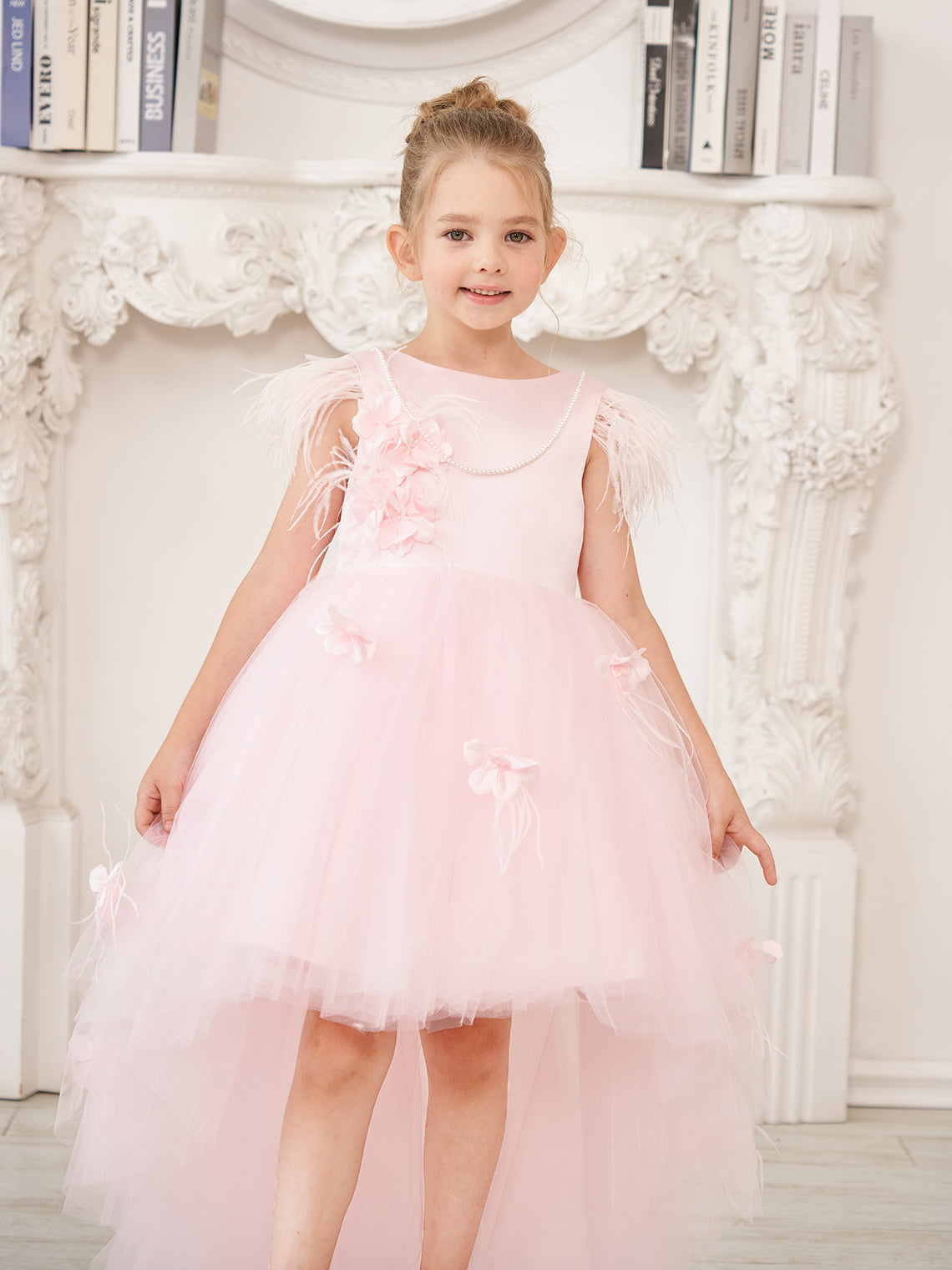 Princess Sleeveless Tulle Flower Girl Dress with Beading and Feather Bow (010224704)