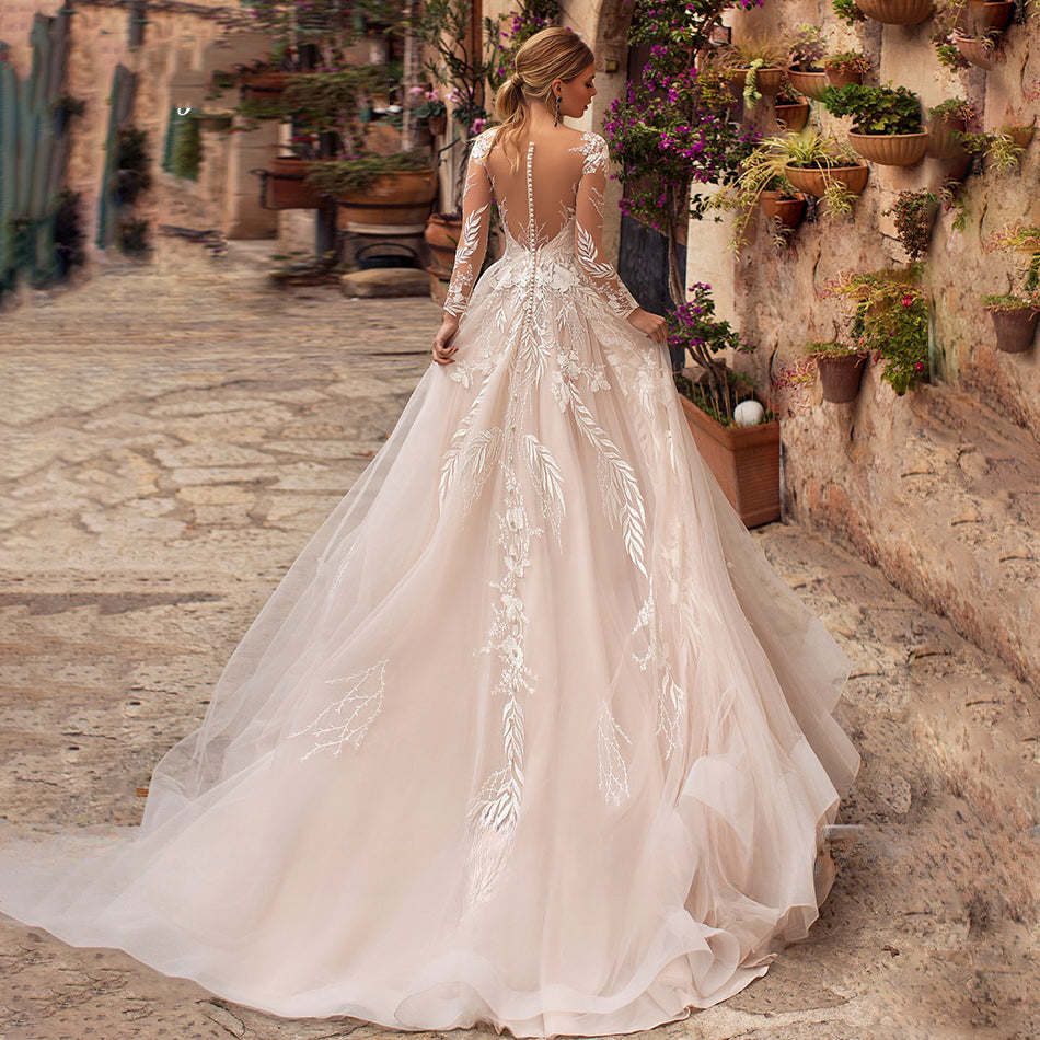 Sexy V-Neck Applique Wedding Dress Lace 2023 Illusion Long Sleeve A-Line Princess Bride Dress Bohemia Vestido De Noiva Women's-payinti