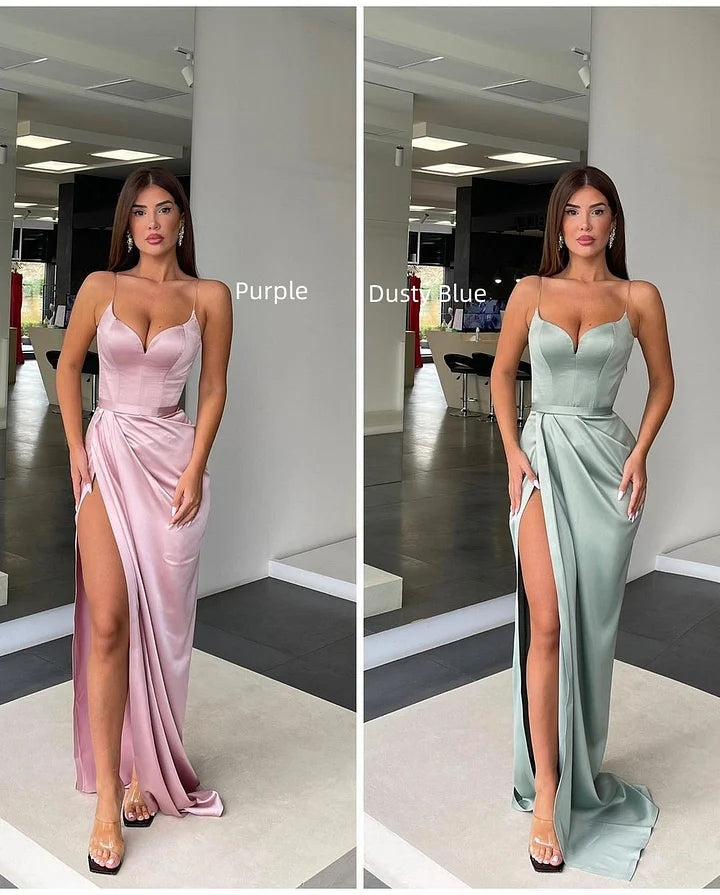 Vestido de fiesta largo de sirena con escote corazón, sin mangas y tirantes finos con abertura