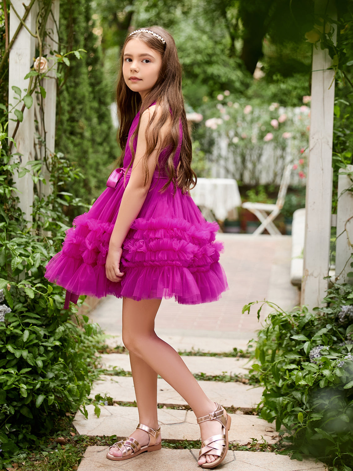 Fuchsia Princess Sleeveless Tulle Flower Girl Dress with Ruffles (010225236)