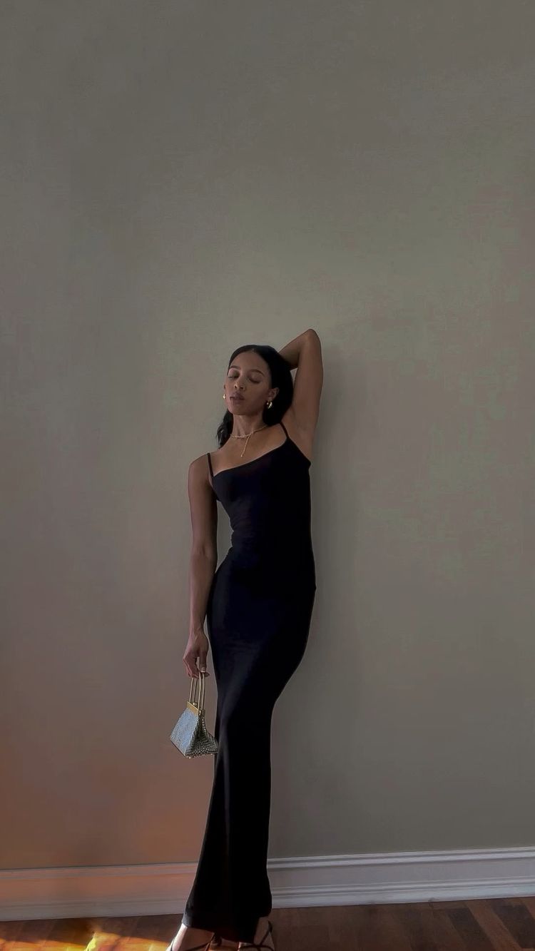 Vestido de fiesta largo con tirantes finos y corte sirena negro, elegante vestido de noche negro Y444