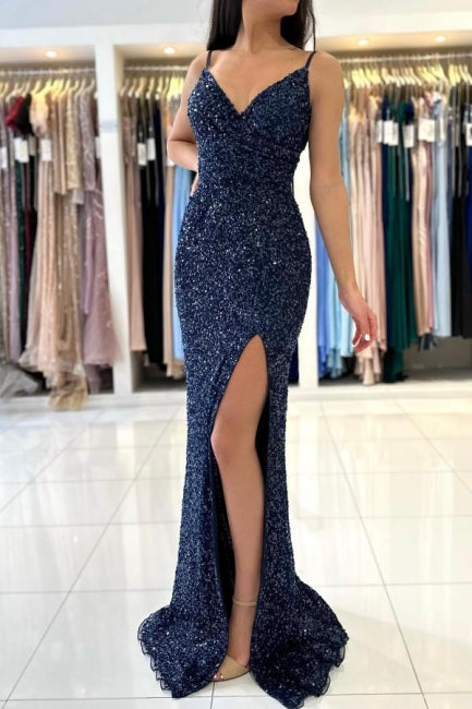 Dark Blue Long Glitter Spaghetti Straps V-neck Evening Dresses With Slit