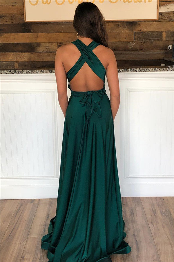 Vestido de fiesta largo verde oscuro con escote halter, espalda abierta y abertura en la espalda