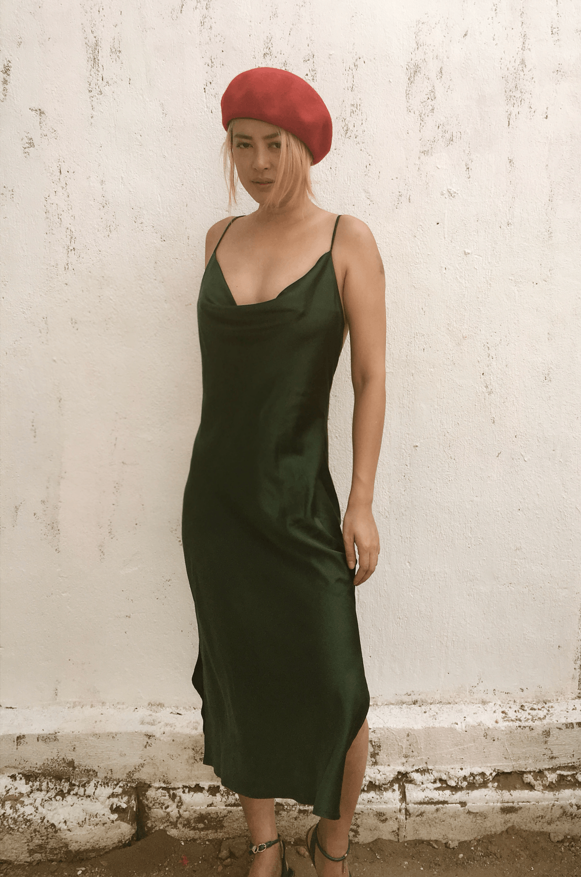 Dark Green Mulberry Silk Chemise Slip Dress