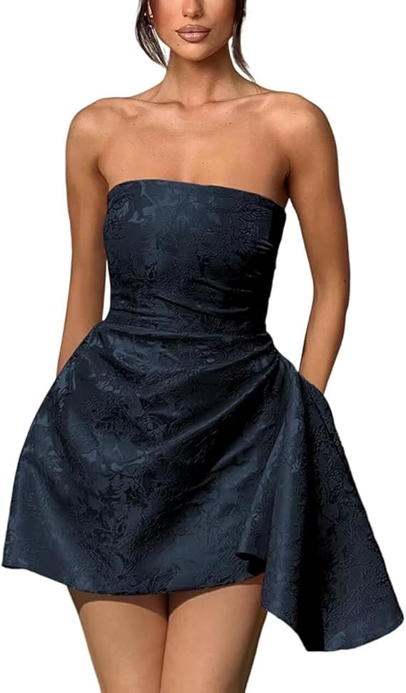 A-Linie, trägerlos, ärmellos, kurzes Heimkehrkleid, Jacquard-Satin, asymmetrisch, Partykleider mit Schnürung