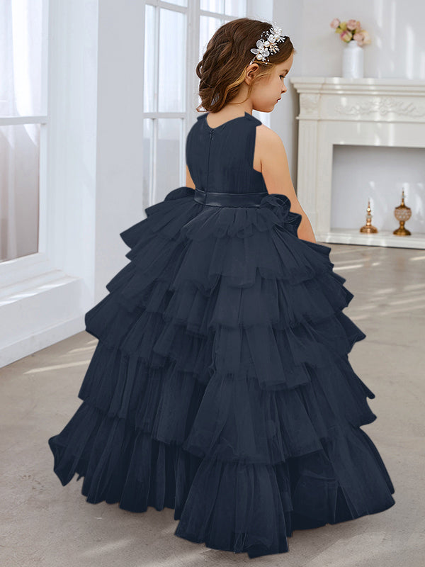 Vestido de fiesta/princesa rosa perla sin mangas con lazo de tul para niña de las flores
