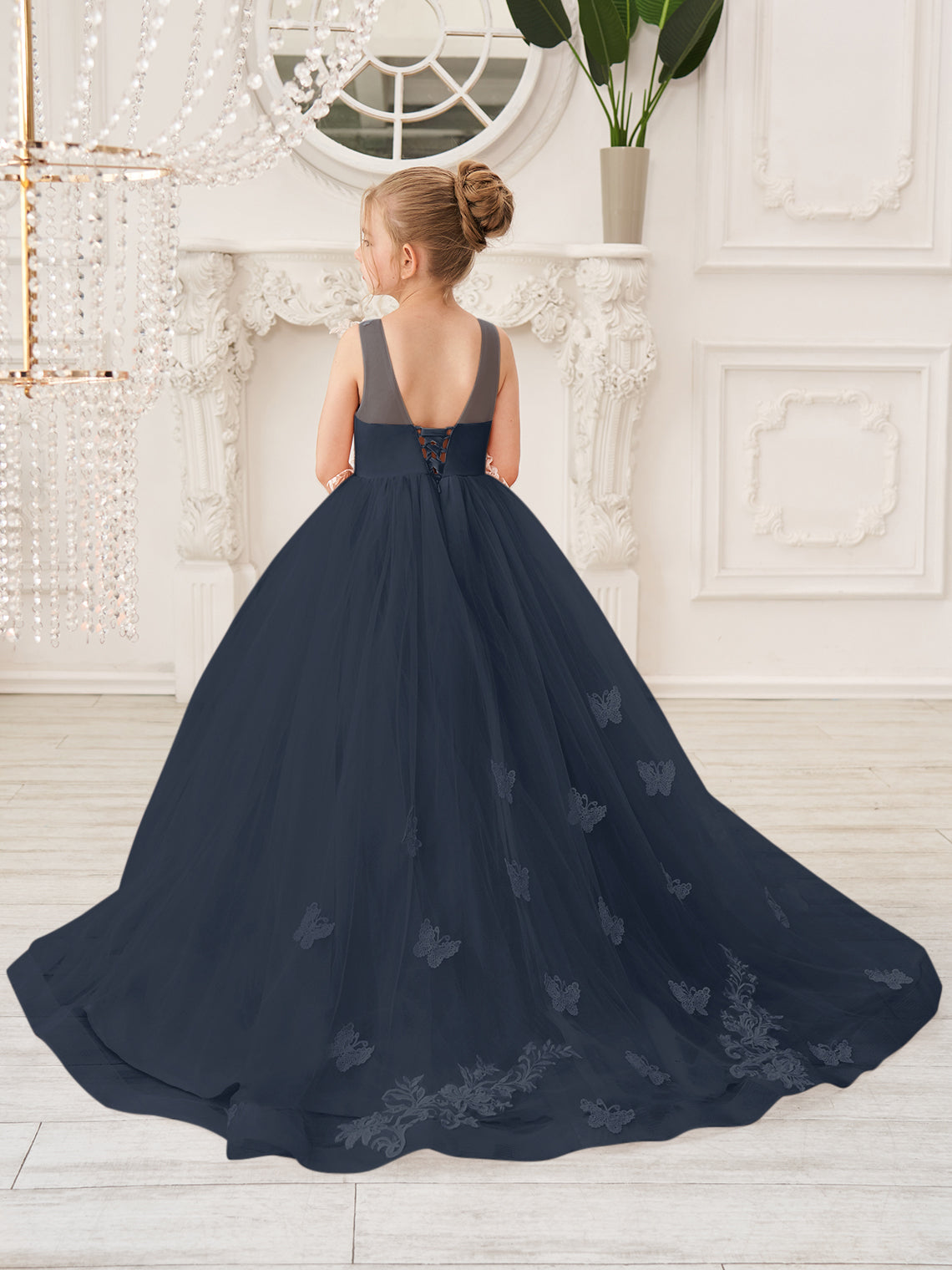 Elegante vestido de tul sin mangas estilo princesa de corte A para niña de las flores