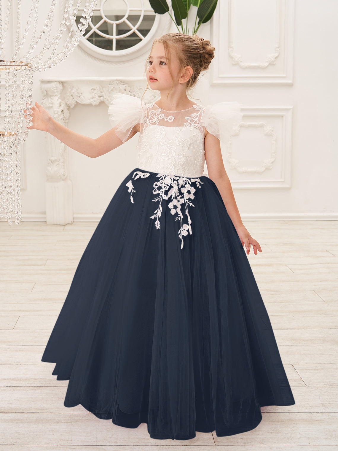 Detachable Lace Tulle Sweep Train Flower Girl Dress