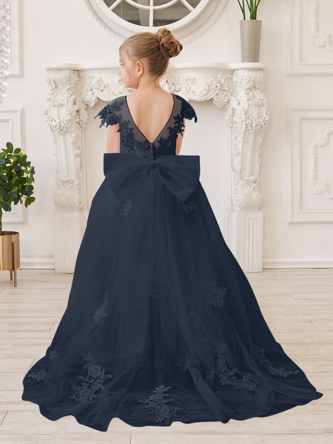 Vestido de princesa para primera comunión de niña de las flores, color marfil, con cola desmontable