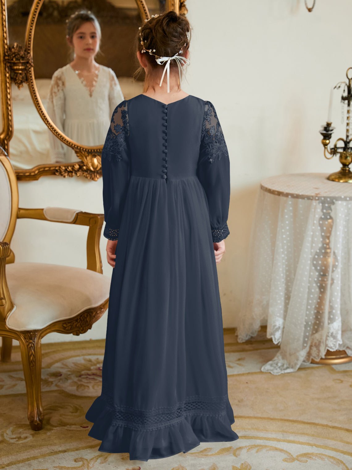 Bodenlanges Chiffon-Kleid in A-Linie und Elfenbein für die Erstkommunion