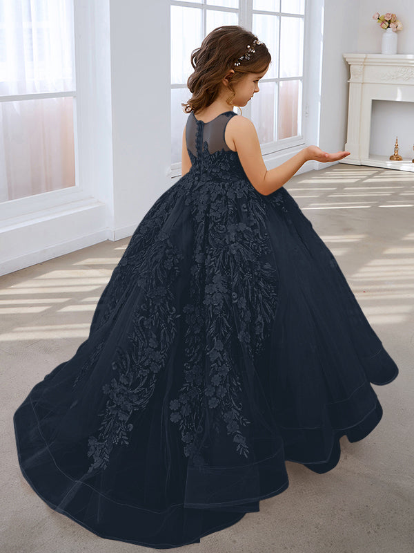 Vestido de princesa rosa para niña con apliques de encaje