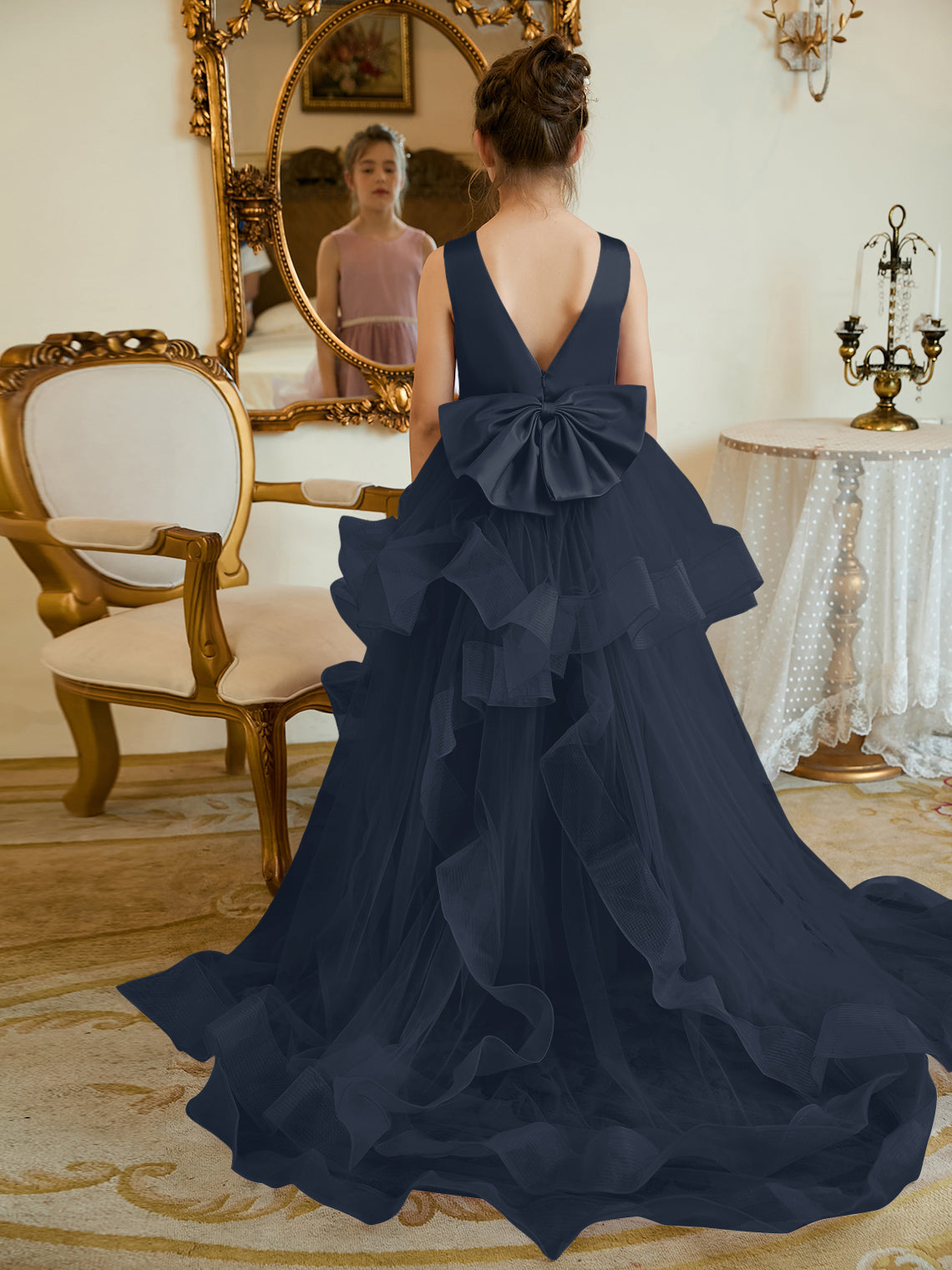 Vestido de fiesta/princesa de satén y tul hasta el suelo para niña de las flores