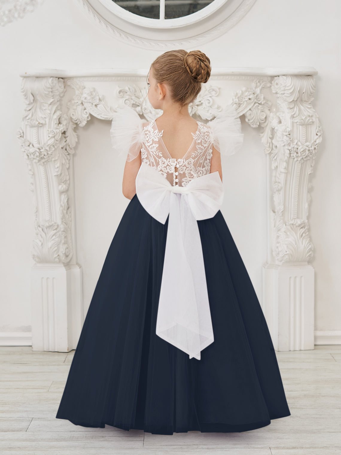 Detachable Lace Tulle Sweep Train Flower Girl Dress