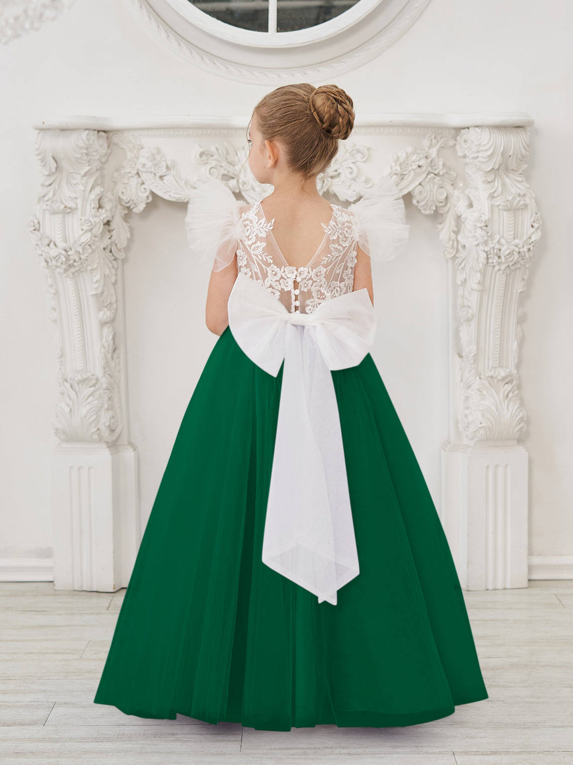 Detachable Lace Tulle Sweep Train Flower Girl Dress