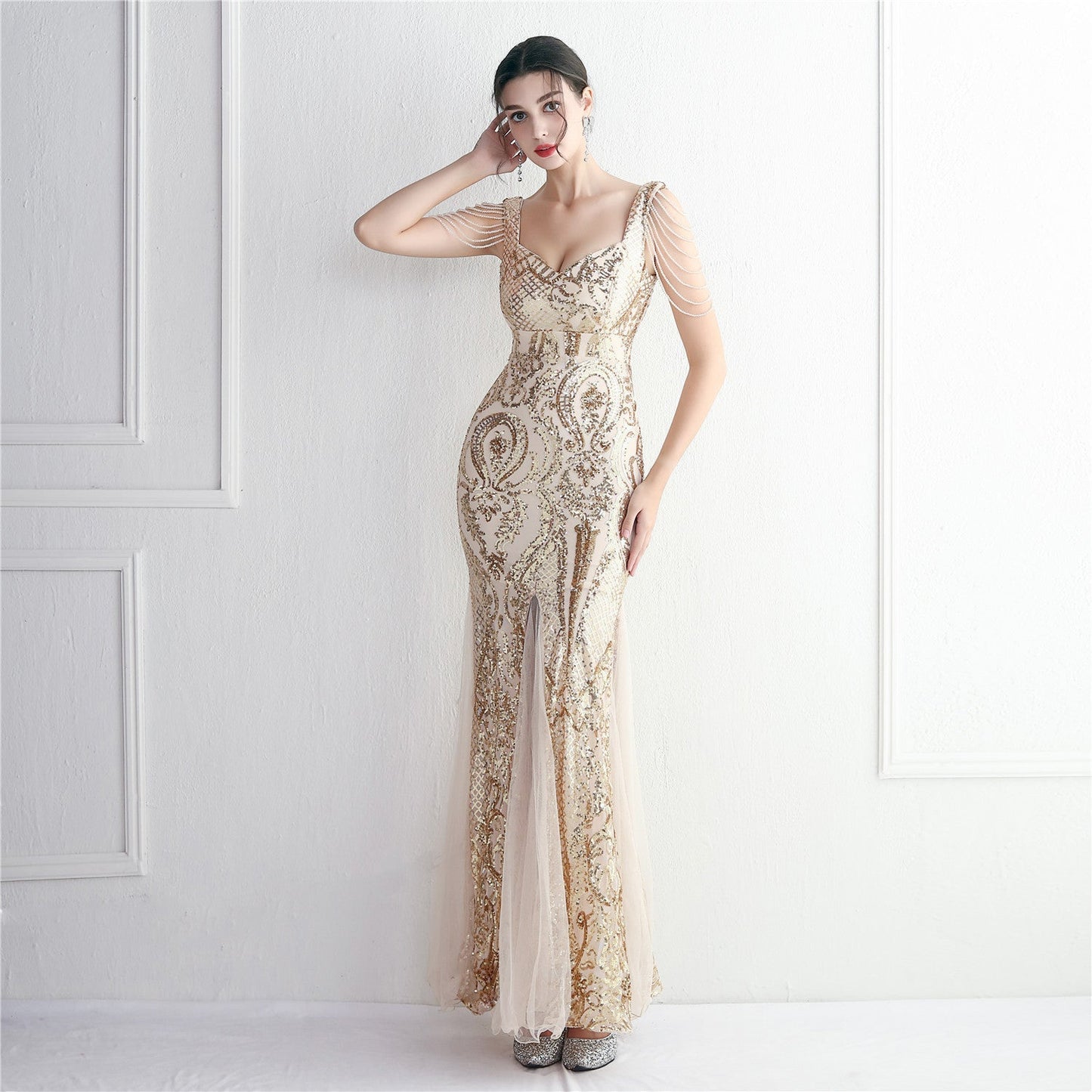 Sequin Mesh Craft Beaded Party Dress Long Cocktail Slim Fit Evening Dress Elegant Long