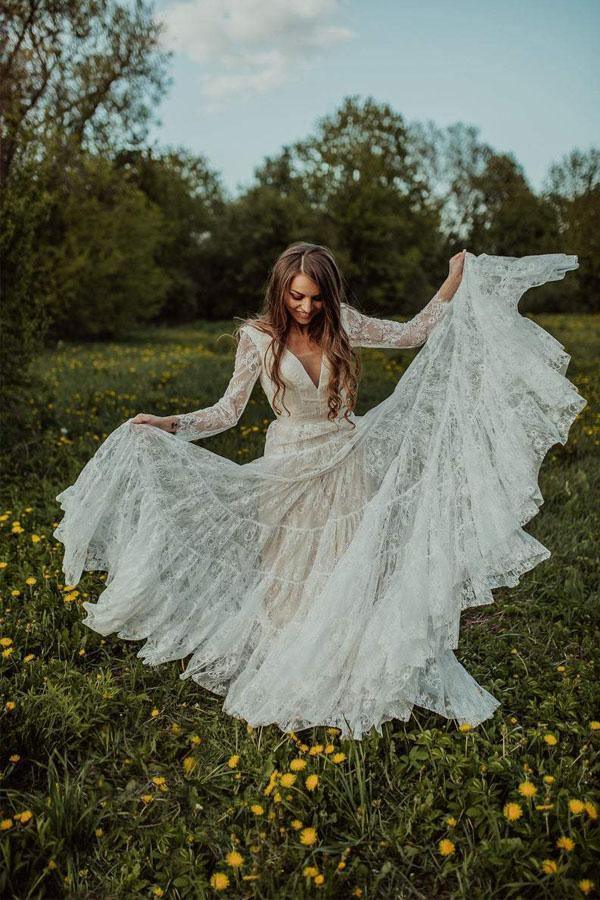 Deep V Neck Boho Wedding Dress Long Sleeve Rustic Wedding Dress WD373