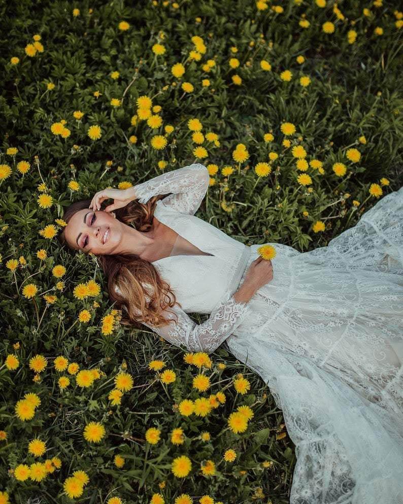 Deep V Neck Boho Wedding Dress Long Sleeve Rustic Wedding Dress WD373