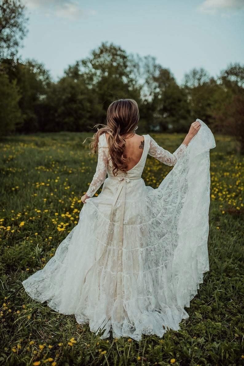 Deep V Neck Boho Wedding Dress Long Sleeve Rustic Wedding Dress WD373