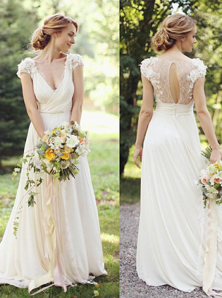 Deep V Neck Cap Sleeve Wedding Dresses Sheer Back Appliques Wedding Gown WD366