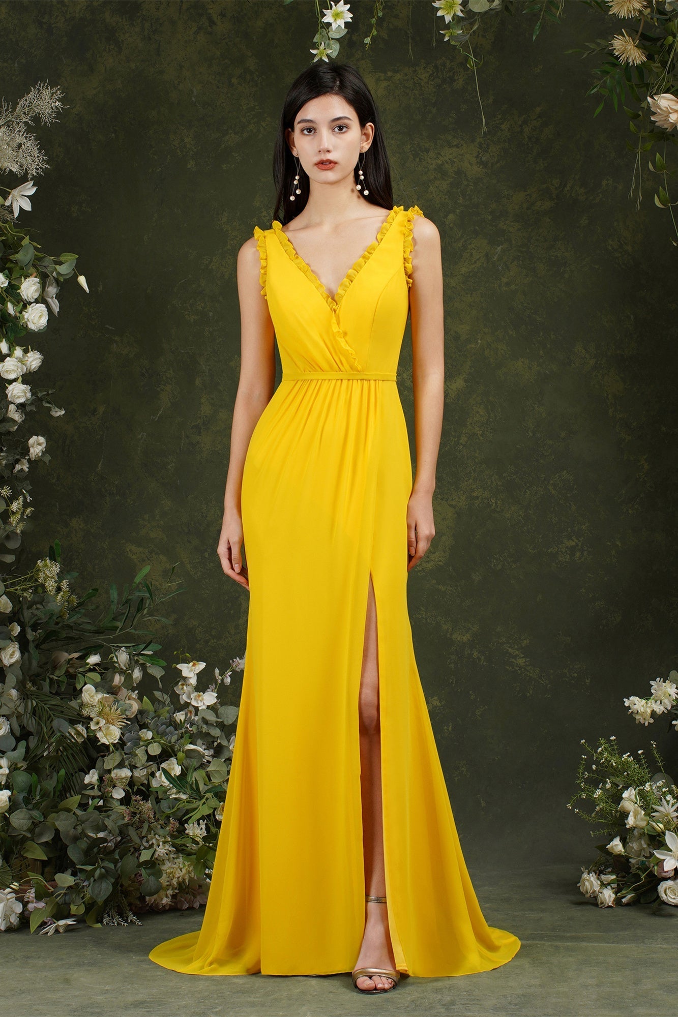 Deep V neck Sleeveless Split Front Floor-Length Prom dress