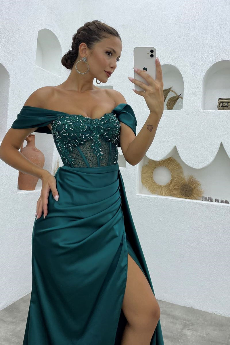 Deluxe Floor Length Off-The-Shoulder Sleeveless Mermaid Satin Prom Dress with Split