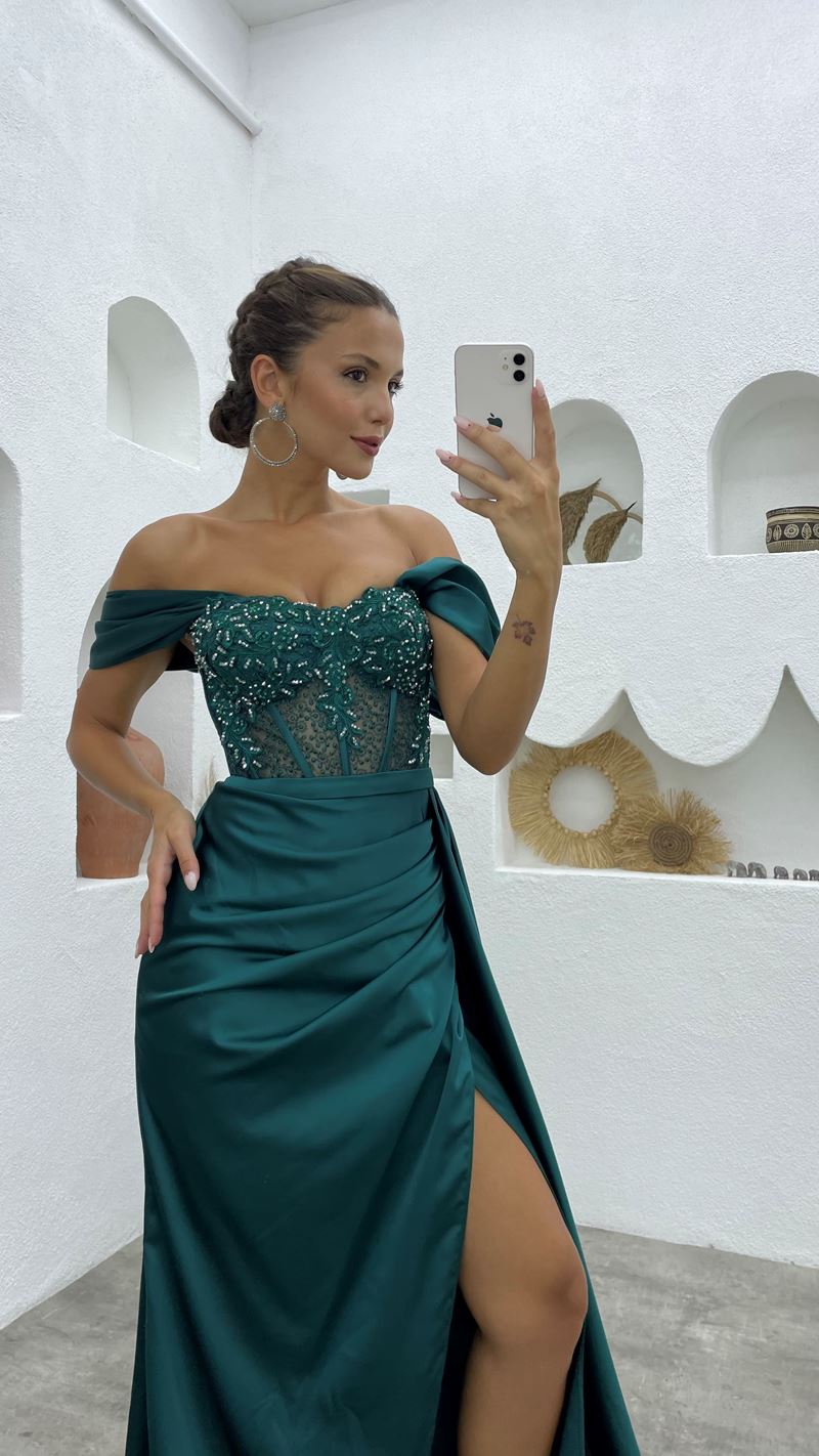 Deluxe Floor Length Off-The-Shoulder Sleeveless Mermaid Satin Prom Dress with Split