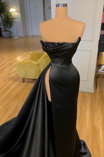 Designer A-line Evening Dresses Long Black Prom Dresses With Slit