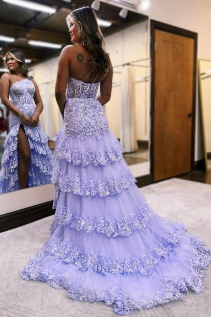 Increíble vestido de fiesta de satén sin mangas con volantes y abertura en la espalda