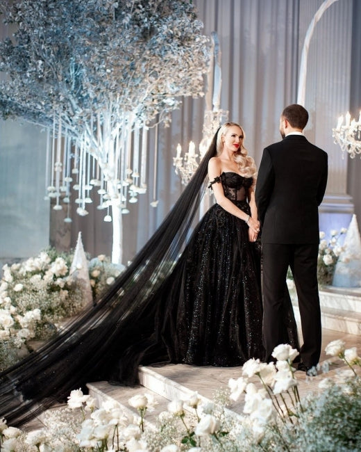 Designer Black A-Line Off-the-shoulder Glitter Wedding Dresses With Lace