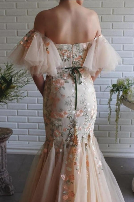 Vestido de fiesta de tul con encaje, hombros descubiertos y flores, estilo sirena, de diseñador