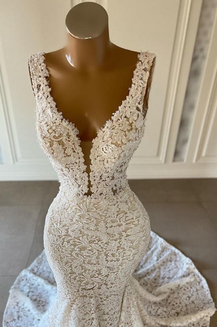 Designer Lange Meerjungfrau V-Ausschnitt Ärmellose Brautkleider Mit Spitze