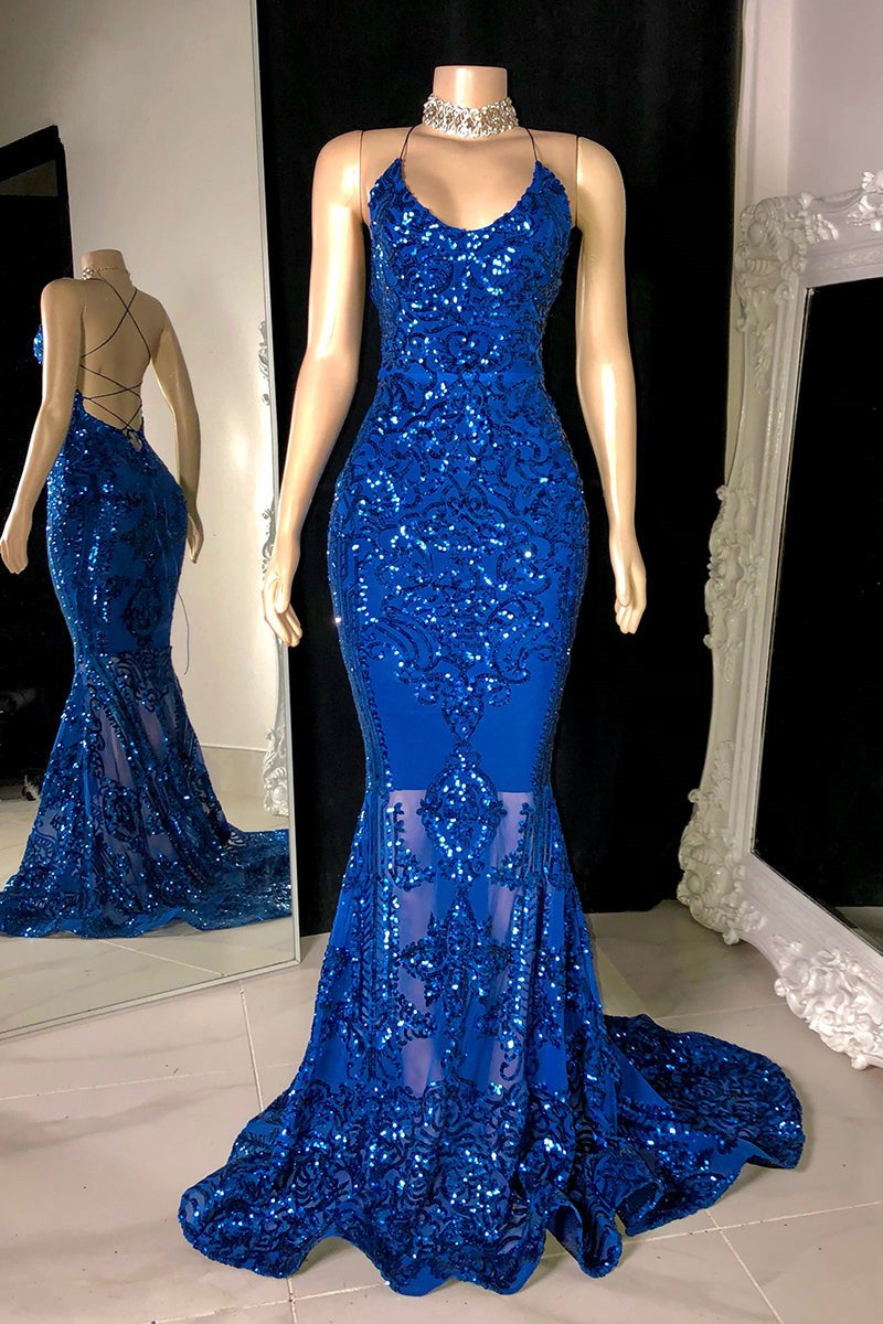 Designer Spaghetti Straps Long Mermaid Lace Sleeveless Prom Dress