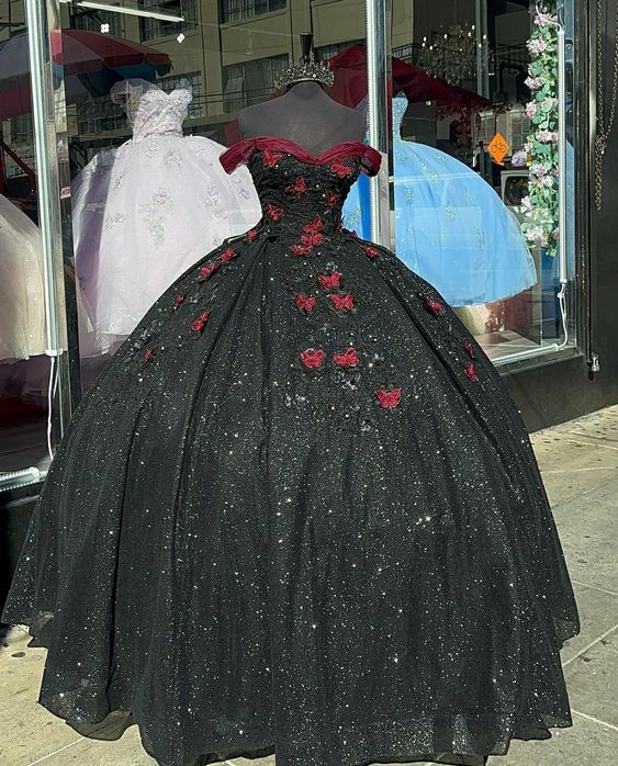 Vestido de quinceañera negro brillante con mariposas burdeos, vestido de fiesta para dulces 16, Y1415