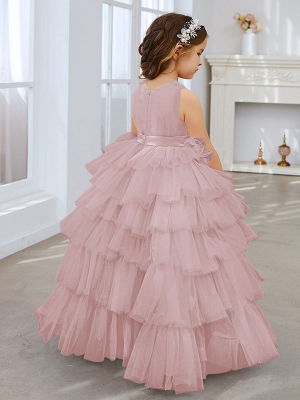Vestido de fiesta/princesa rosa perla sin mangas con lazo de tul para niña de las flores
