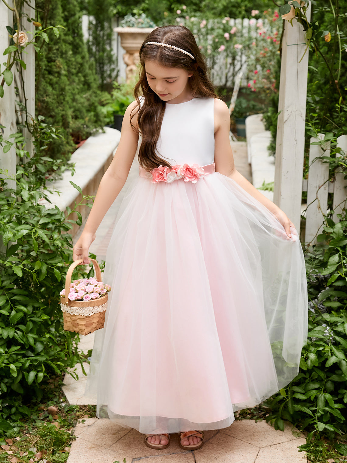 A-line 3D Flower Satin Tulle Ankle-length Flower Girl Dress
