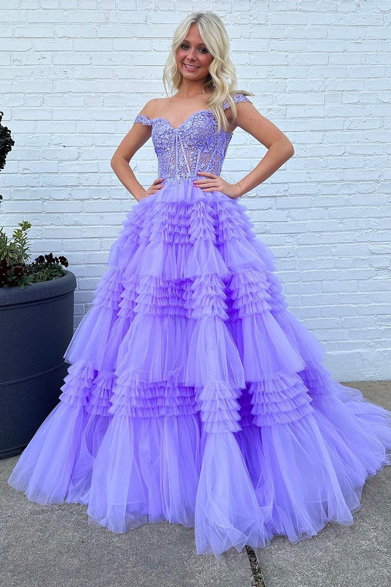 Tulle Off-the-Shoulder Ruffle Tiered Long Prom Dress