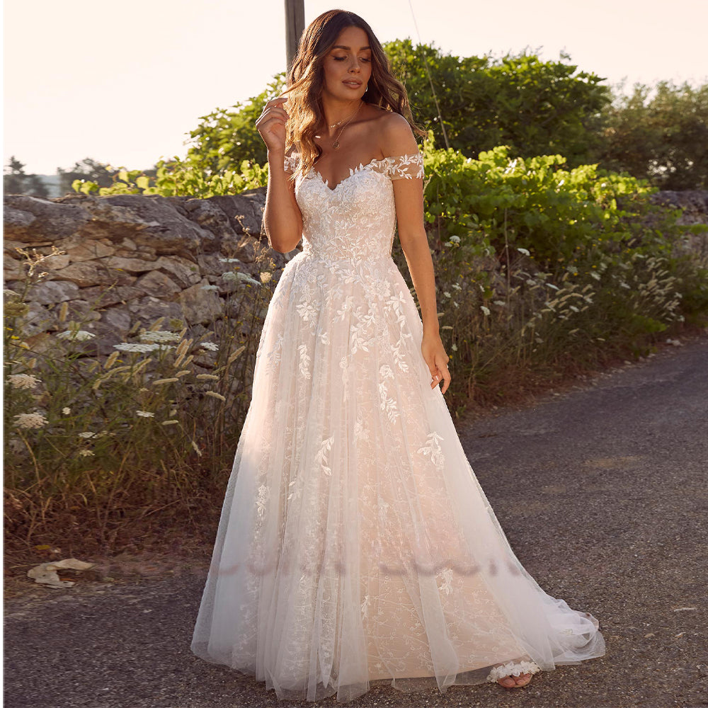 Romantic Wedding Dresses For Women A-Line Court Train Off Shoulder 2023 Cathedral Dropping Shipping Vestido De Casamento-payinti