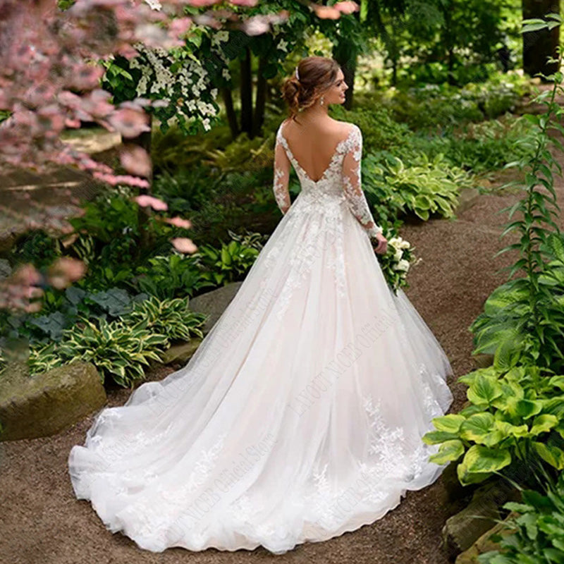 Vintage Wedding Dresses For Women Appliques Long Sleeves Bride Gowns Backless A Line Vestidos De Noiva Mariage-payinti